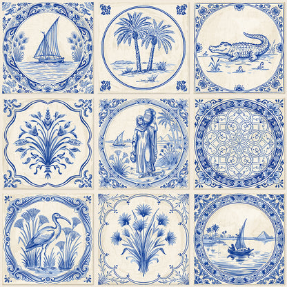 Tales of the Nile Delf Tile Peel and Stick Wallpaper Sample