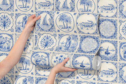 Tales of the Nile Delf Tile Peel and Stick Wallpaper Sample