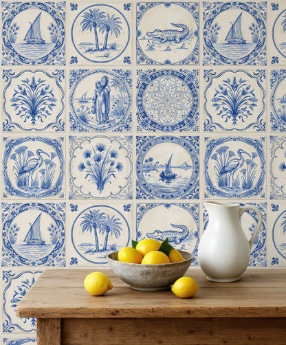 Tales of the Nile Delf Tile Peel and Stick Wallpaper Sample