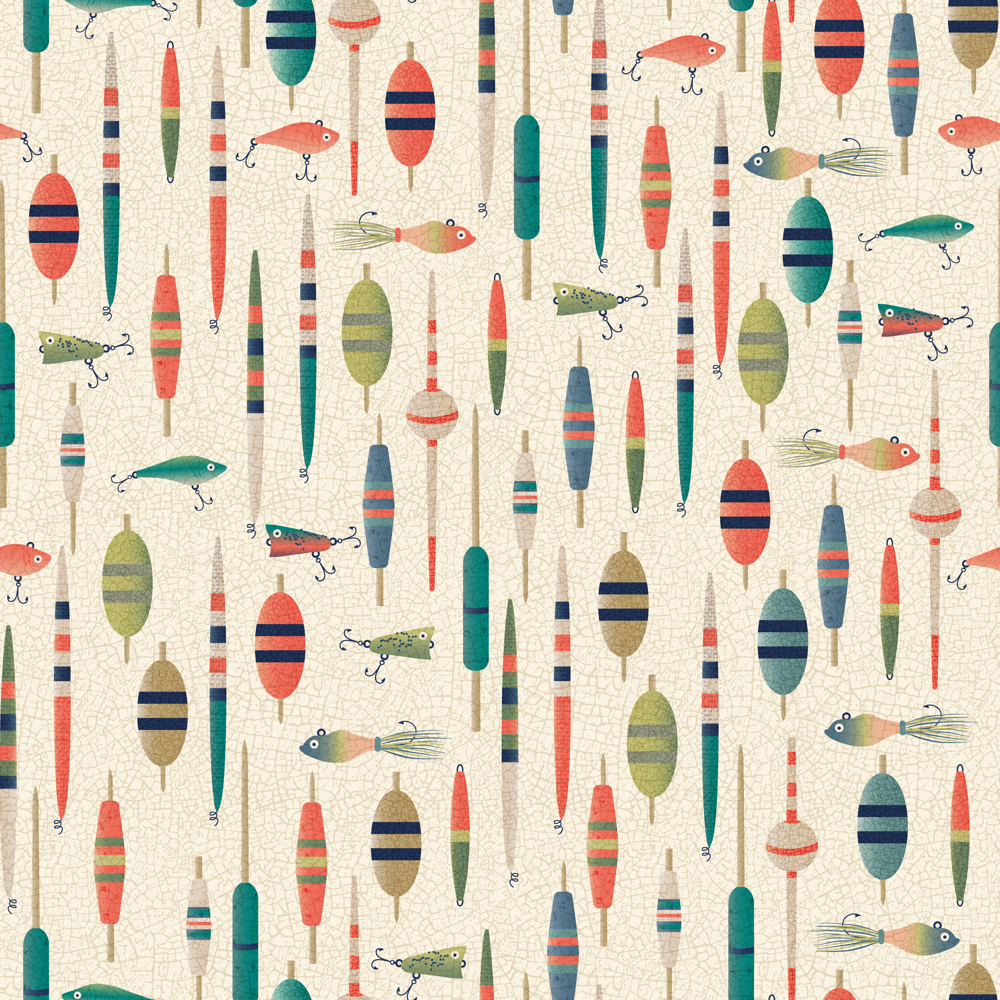Pattern of colorful fishing lures and buoys on a beige background