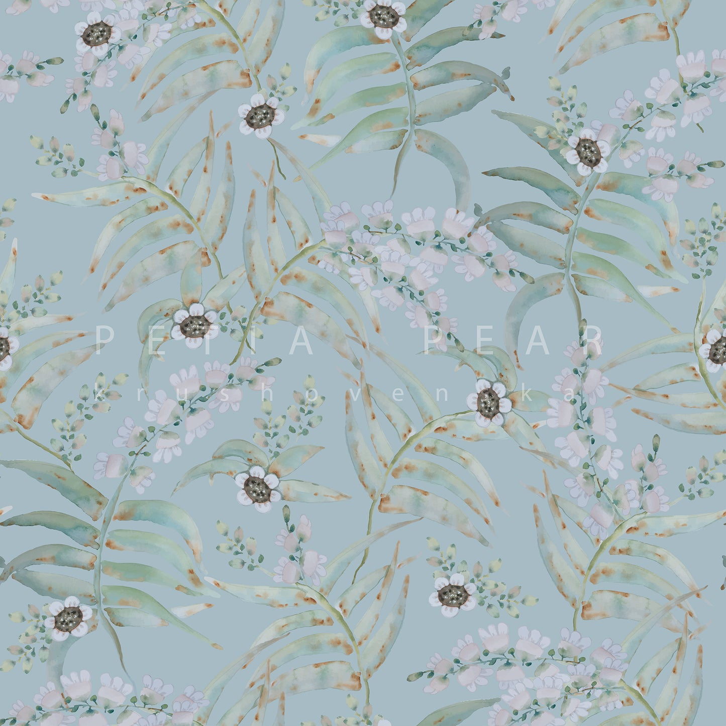 Floral pattern with leaves and flowers on a light blue background