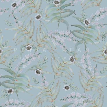 Floral pattern with leaves and flowers on a light blue background