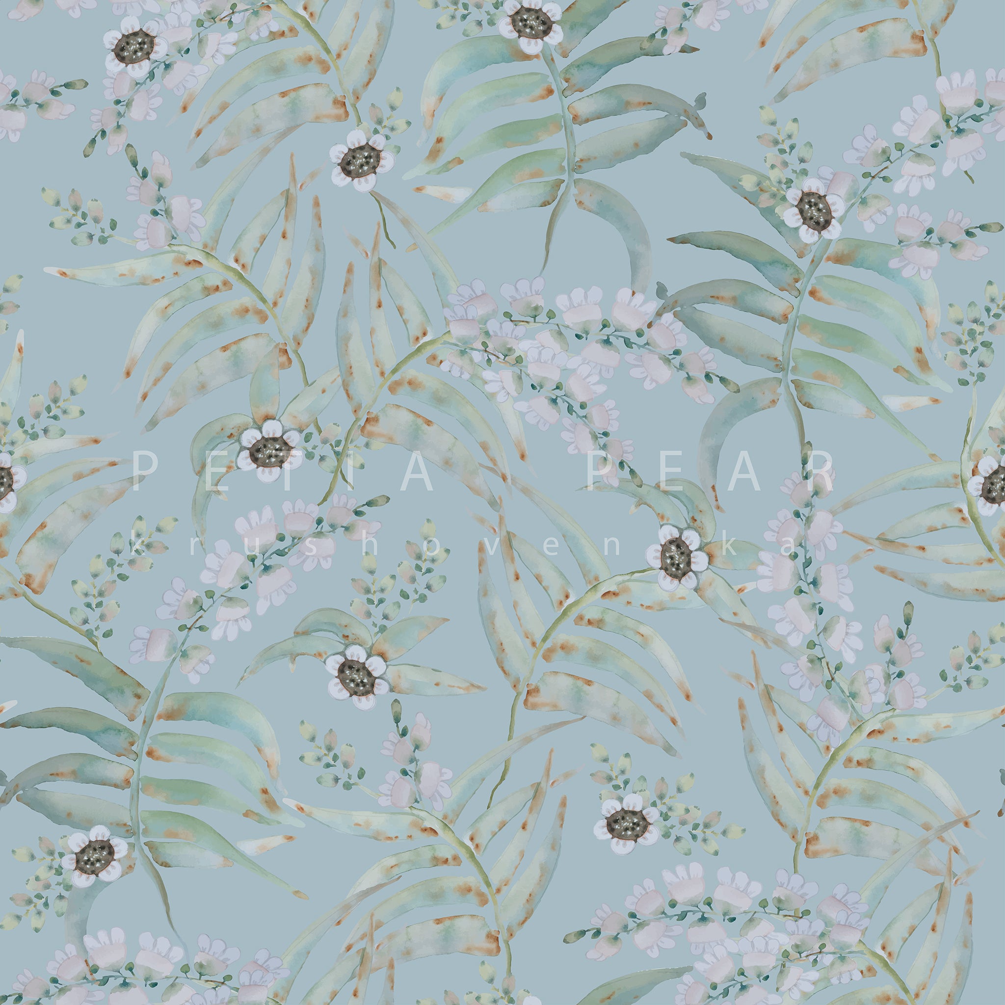 Floral pattern with leaves and flowers on a light blue background