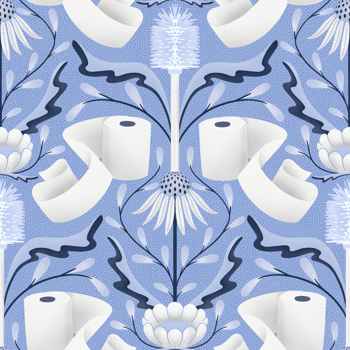 Pattern of toilet paper rolls and floral design on a blue background