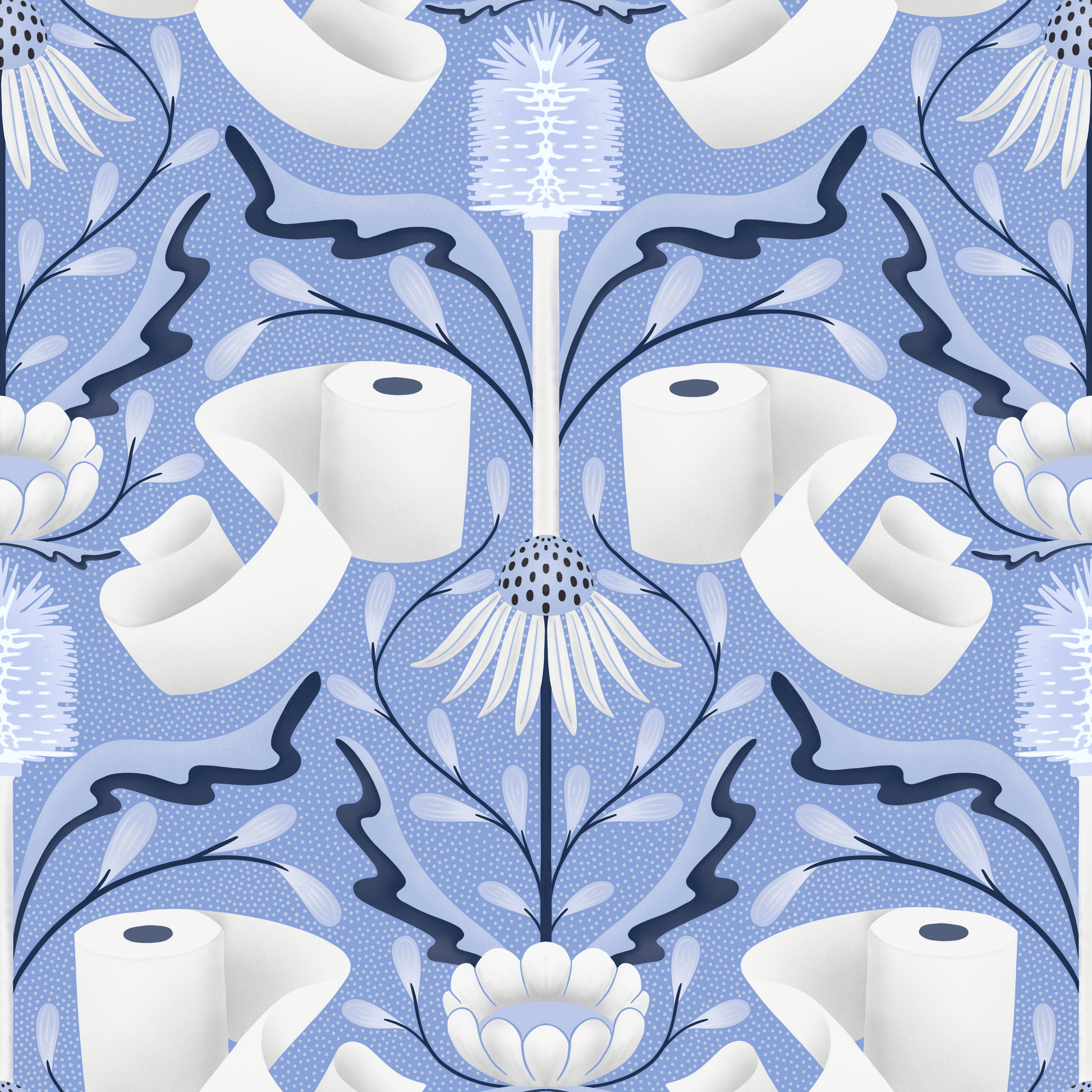 Pattern of toilet paper rolls and floral design on a blue background
