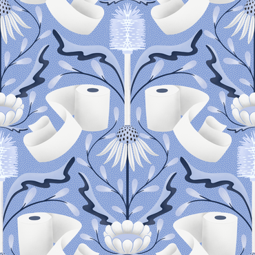 Pattern of toilet paper rolls and floral design on a blue background
