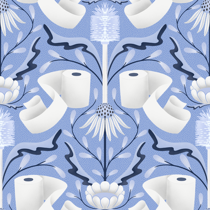 Pattern of toilet paper rolls and floral design on a blue background