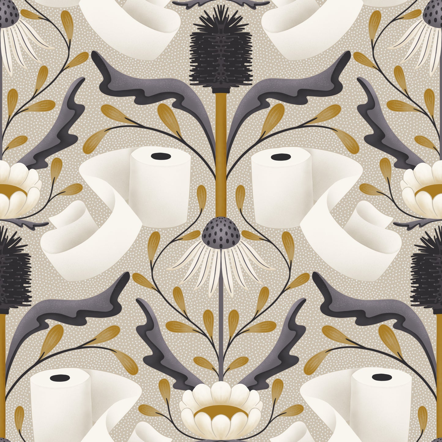 Patterned wallpaper with toilet paper rolls and floral designs on a beige background
