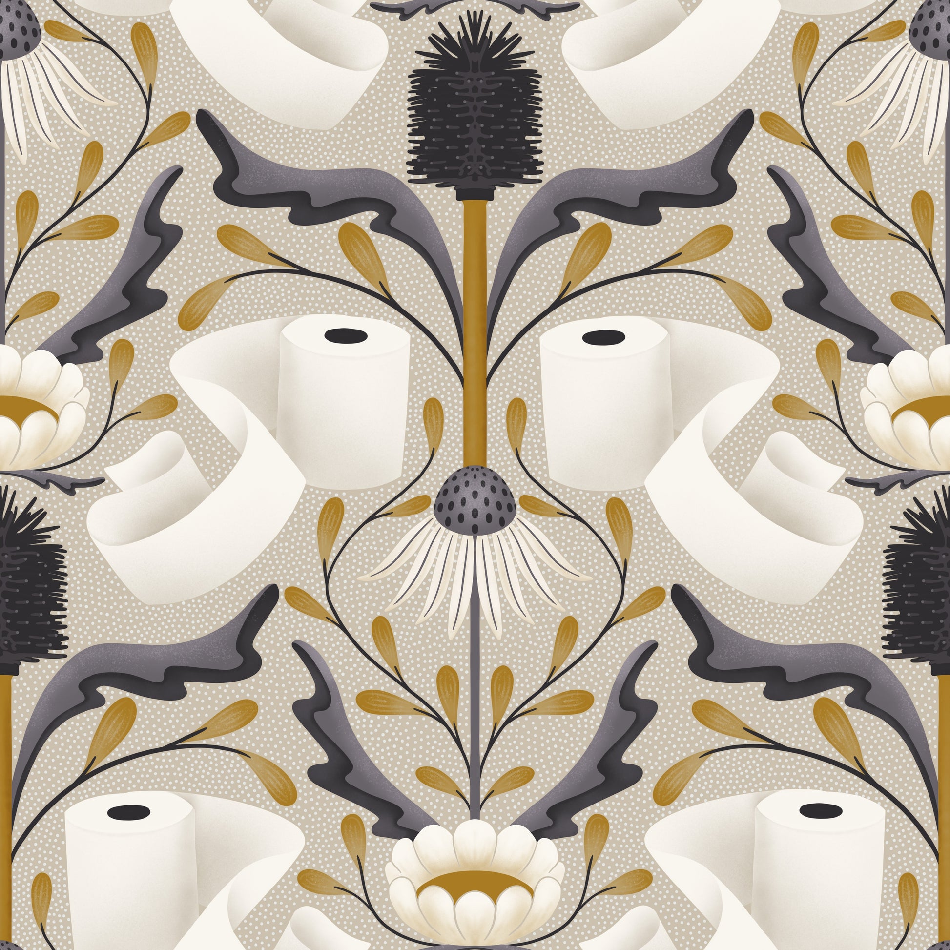 Patterned wallpaper with toilet paper rolls and floral designs on a beige background