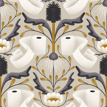 Patterned wallpaper with toilet paper rolls and floral designs on a beige background