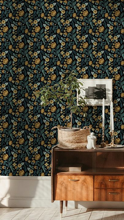 Tossed Floral peel and stick wallpaper room mockup
