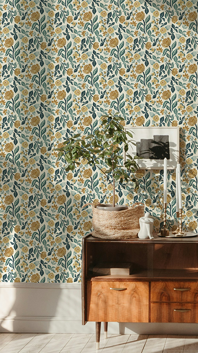 Tossed Floral peel and stick wallpaper room mockup