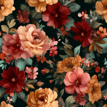 Floral pattern with red, pink, and orange flowers on a dark background