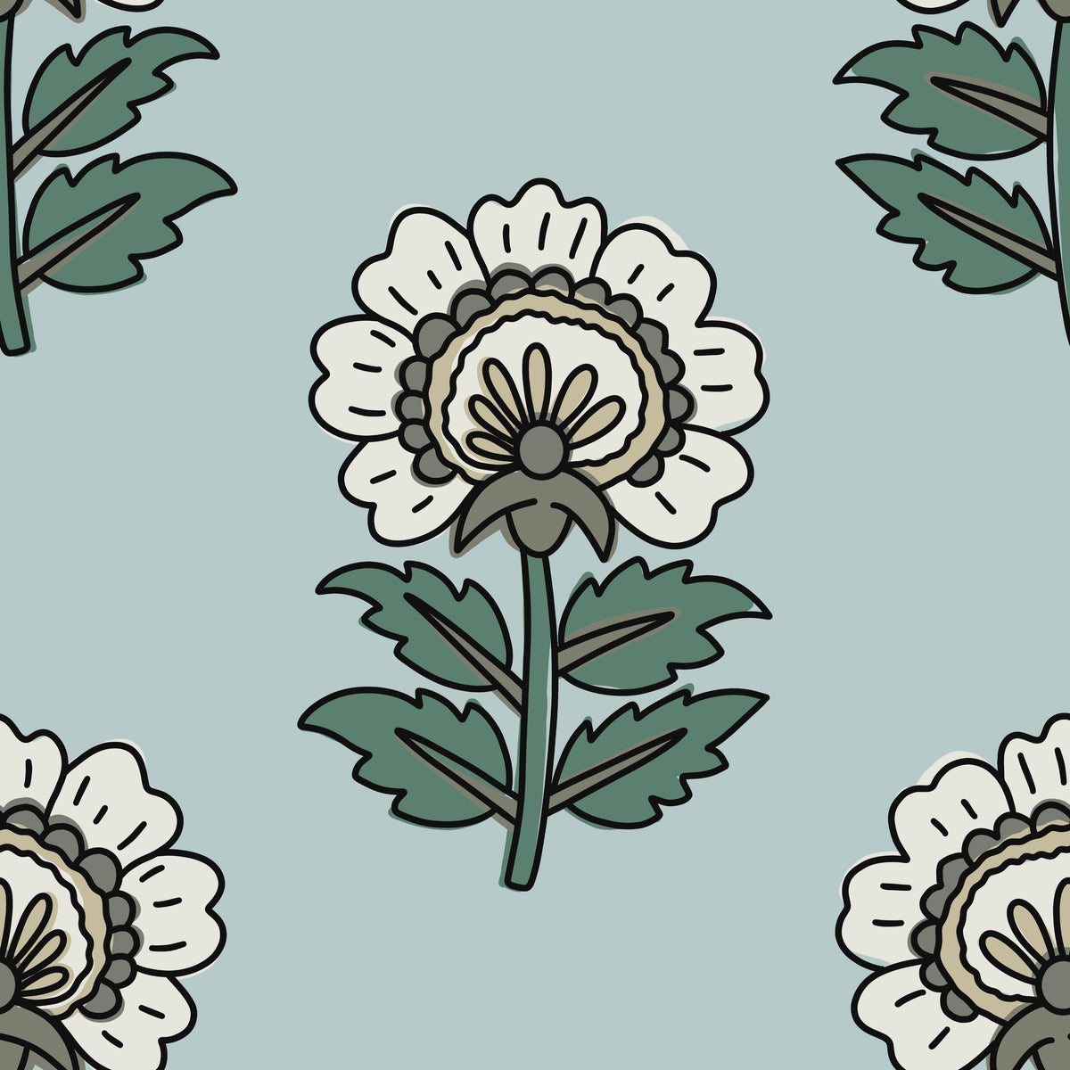 Vintage Botanical Floral wallpaper pattern with stylized flowers and leaves on a light blue background.