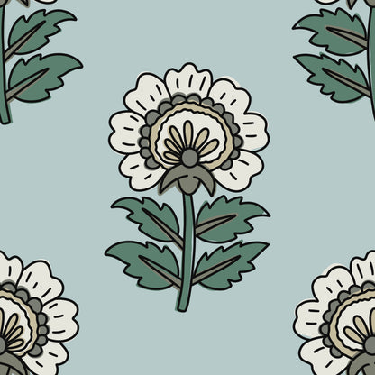 Vintage Botanical Floral wallpaper pattern with stylized flowers and leaves on a light blue background.