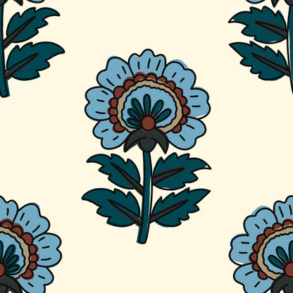 A repeating floral pattern featuring stylized blue flowers with dark teal leaves on a warm cream background.