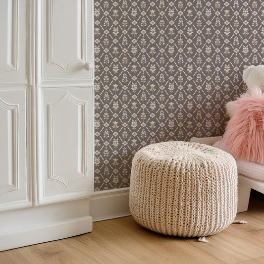 Vintage Floral Argyle Taupe peel and stick wallpaper room mockup
