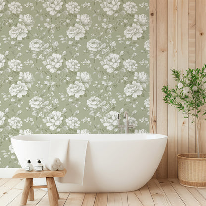 Vintage Sage Peony Peel and Stick Wallpaper