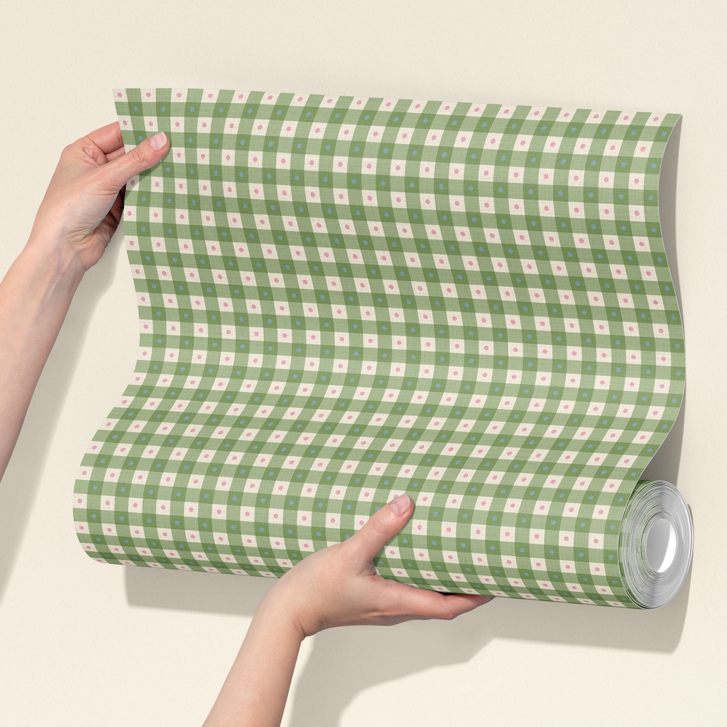 Preppy Gingham with Dots - Green, Blue and Pink Wallpaper