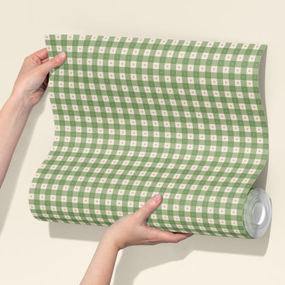 Preppy Gingham with Dots - Green, Blue and Pink Wallpaper