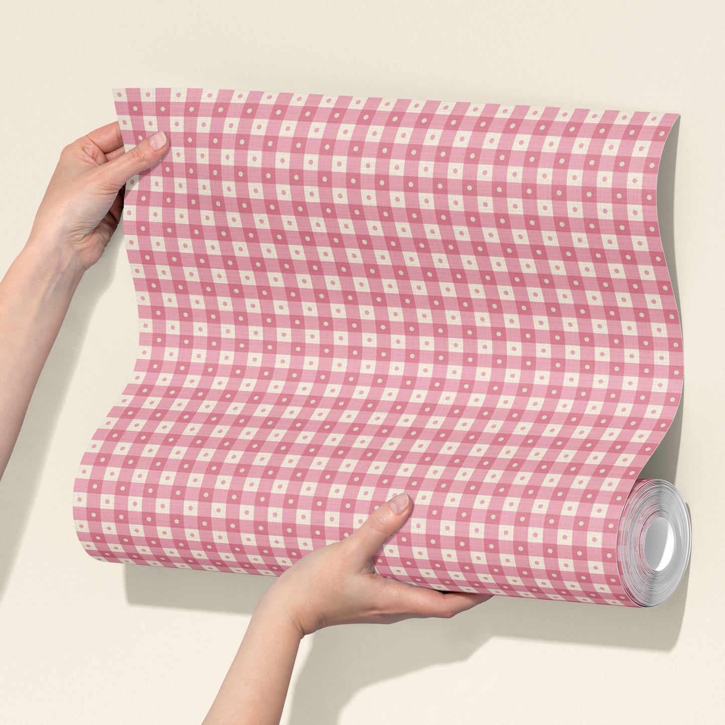 Preppy Gingham with Dots - Mid Pink and Cream