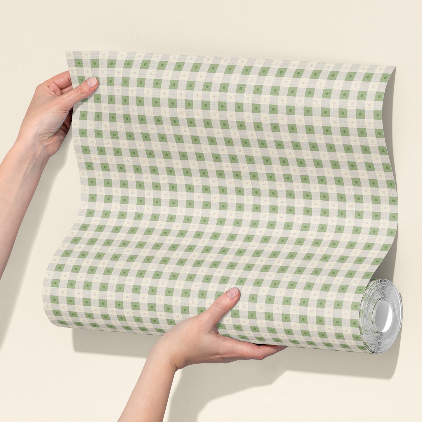 Preppy Gingham with Dots - Light Green and Cream