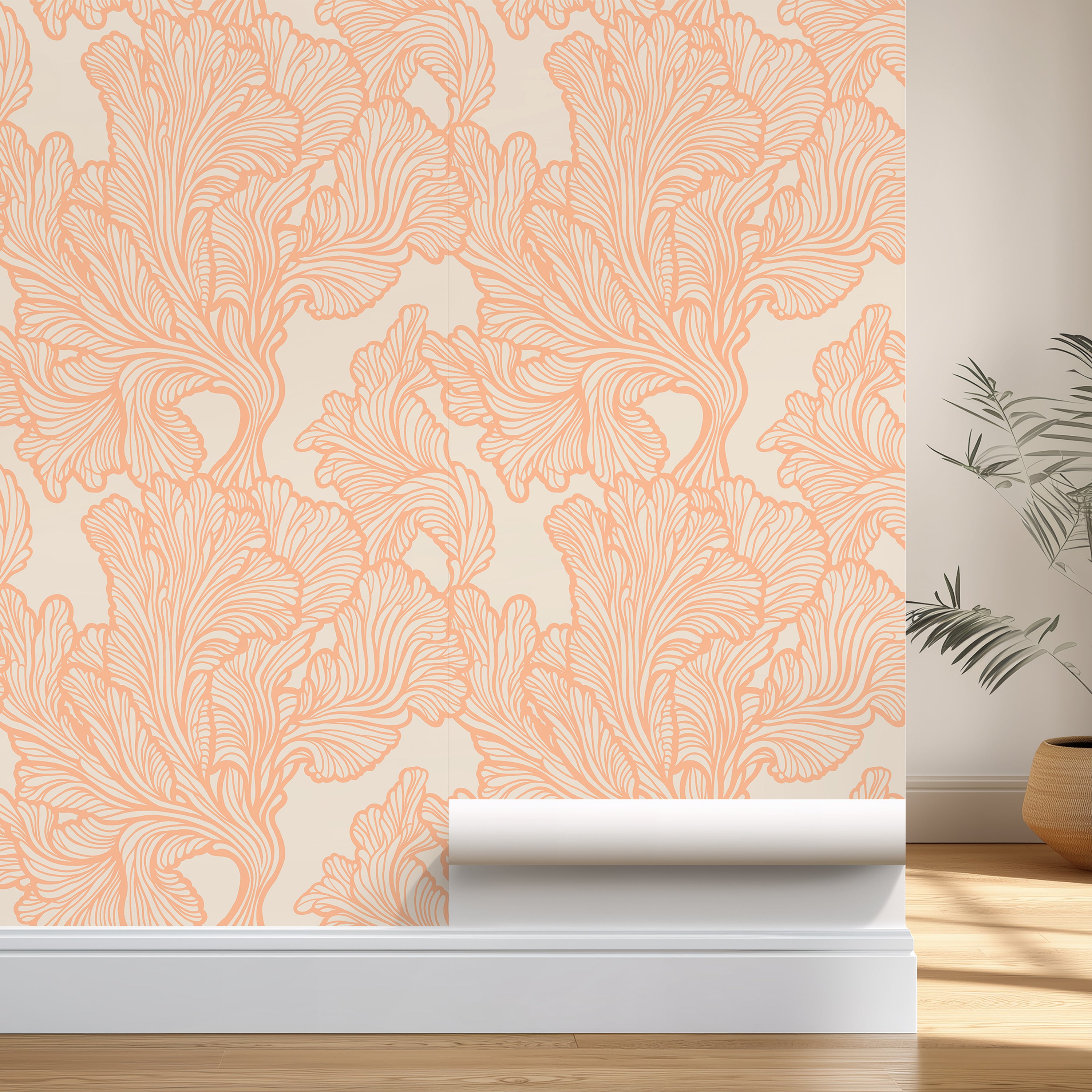 Roll of peach floral wallpaper on a neutral background