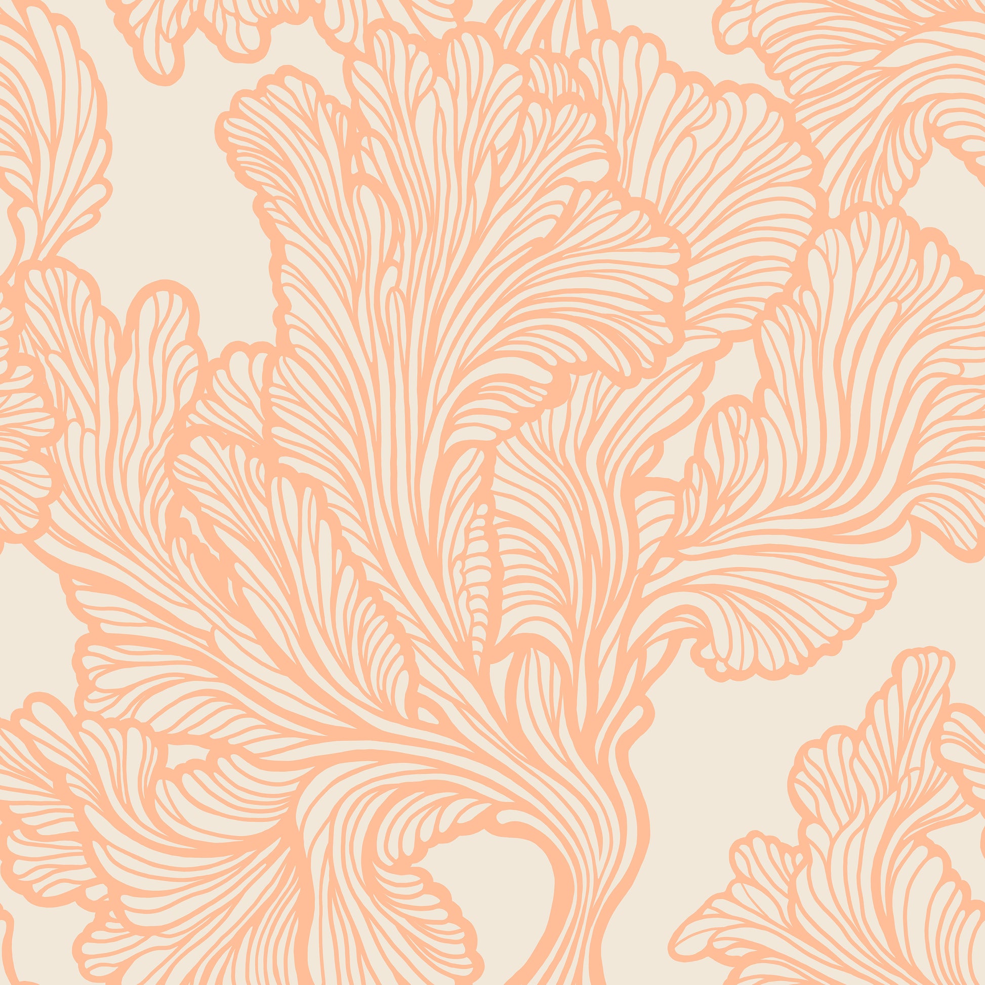 Patterned fabric with coral-colored floral design on a beige background