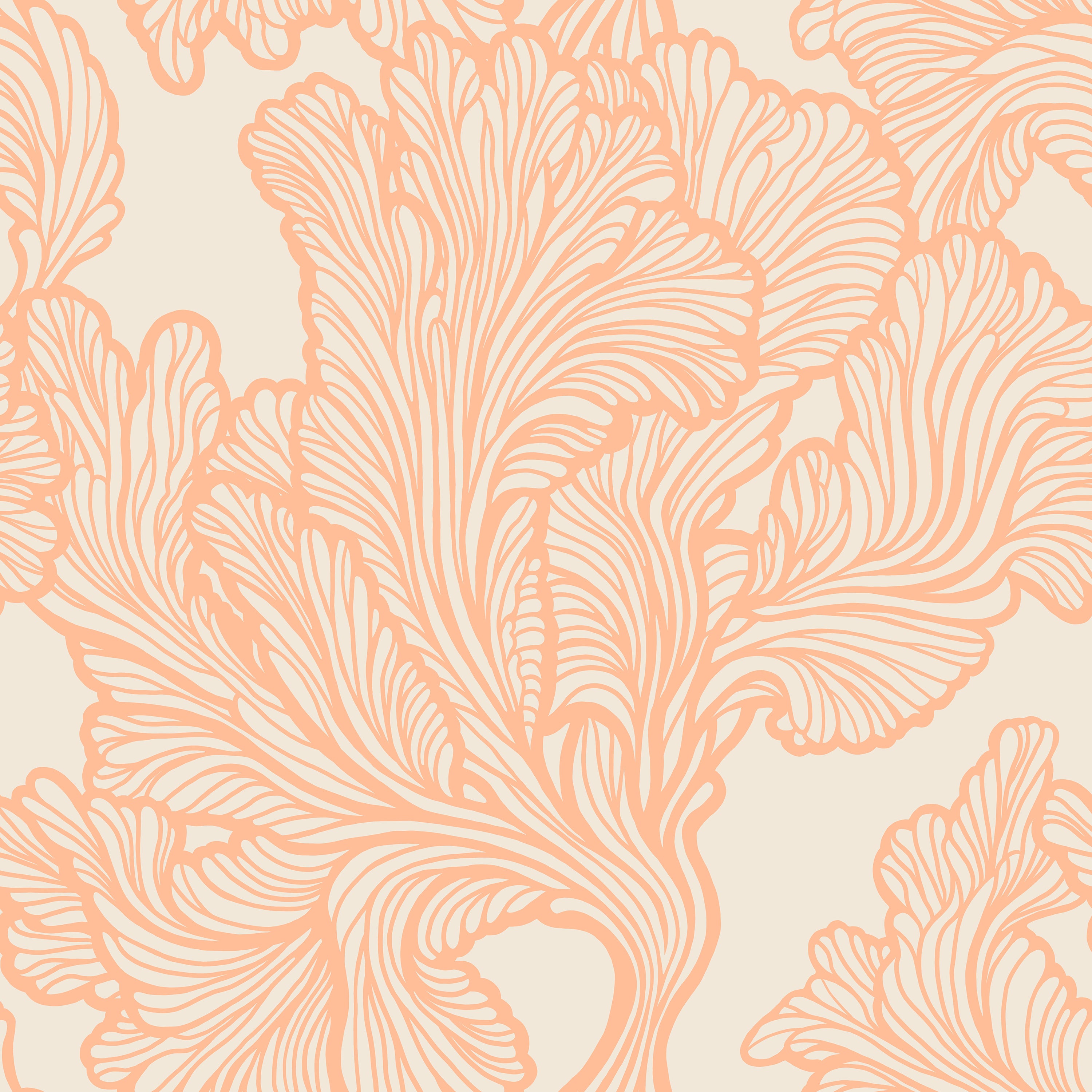 Patterned fabric with coral-colored floral design on a beige background