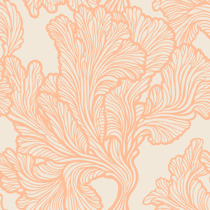 Patterned fabric with coral-colored floral design on a beige background