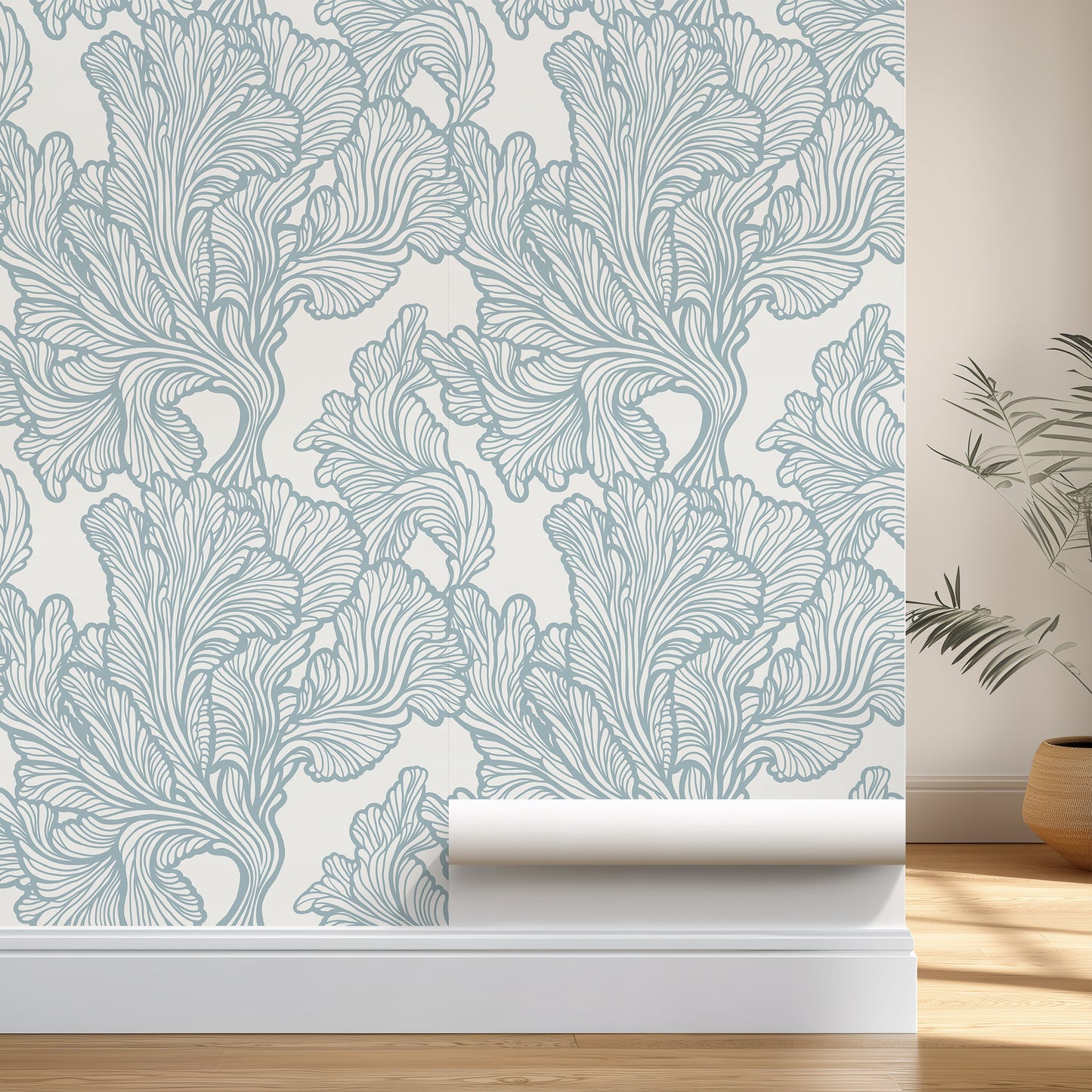 Roll of wallpaper with a leaf pattern on a neutral background