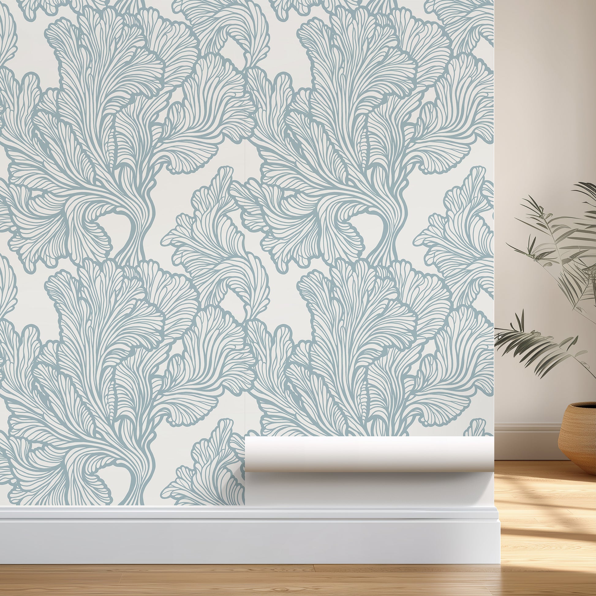 Roll of wallpaper with a leaf pattern on a neutral background