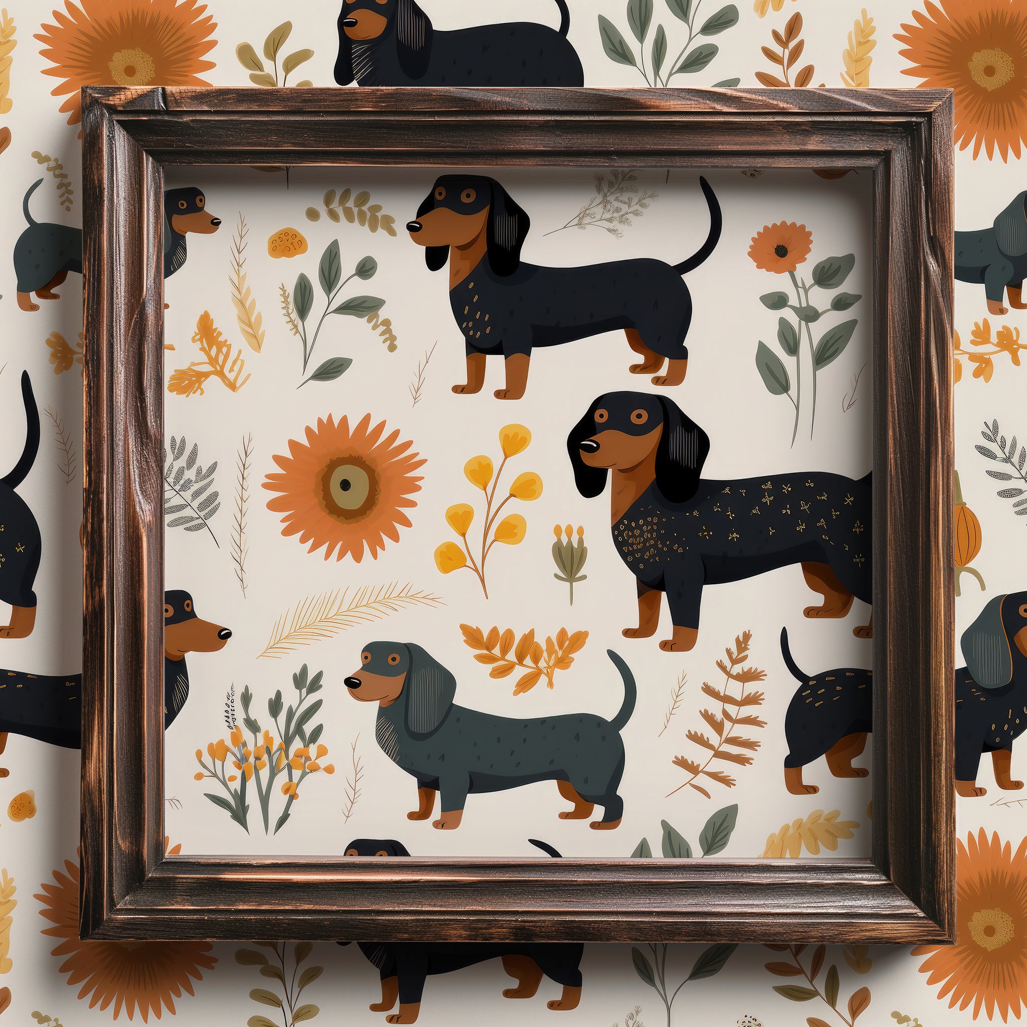 Framed artwork with dachshunds and floral patterns on a wallpapered background