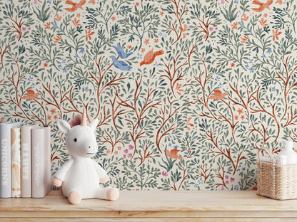 Whimsical Birds and Branches Wallpaper