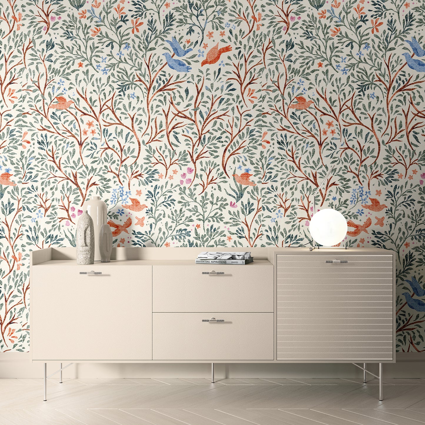 Whimsical Birds and Branches Wallpaper