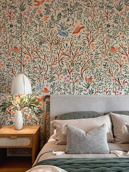 Whimsical Birds and Branches Wallpaper