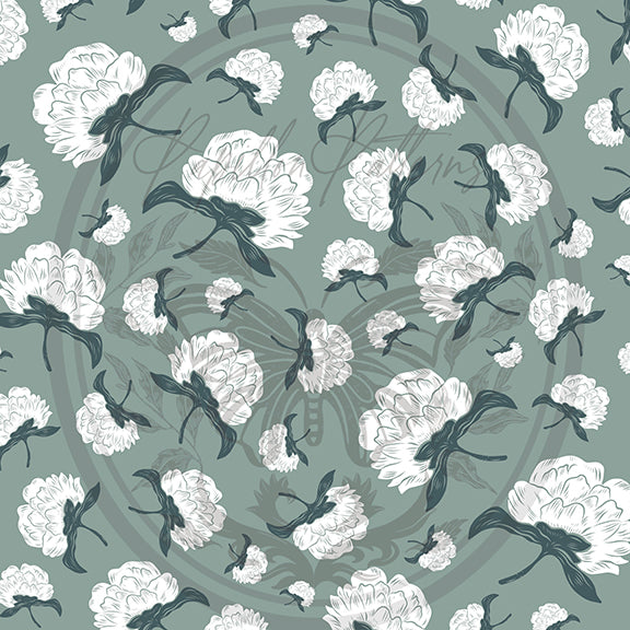 Pattern of white flowers with green leaves on a gray background