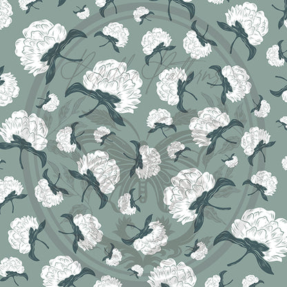 Pattern of white flowers with green leaves on a gray background