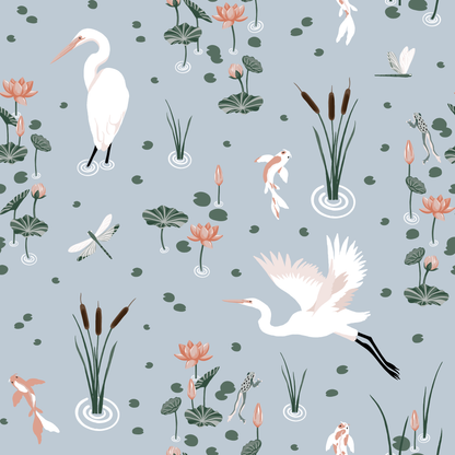 White Heron Koi Pond Wallpaper