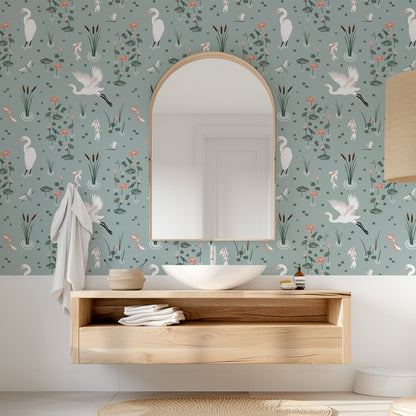 White Heron Koi Pond Wallpaper