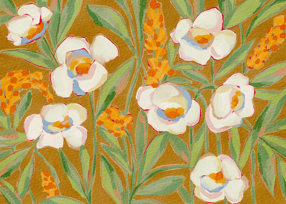 White Peony on Ochre Peel and Stick Wall Mural - Floral, Botanical, Mural