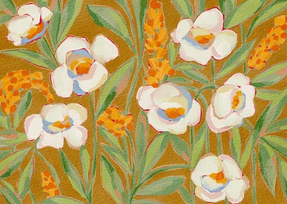 White Peony on Ochre Peel and Stick Wall Mural - Floral, Botanical, Mural