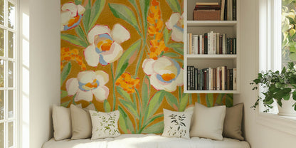 White Peony on Ochre Peel and Stick Wall Mural - Floral, Botanical, Mural