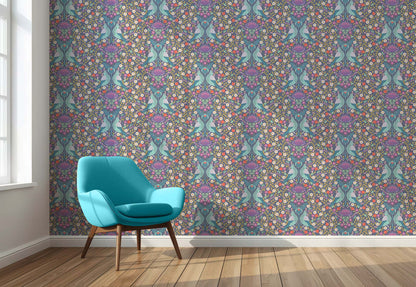 White Eye Peel and Stick Wallpaper - Art Nouveau, Birds, Flowers