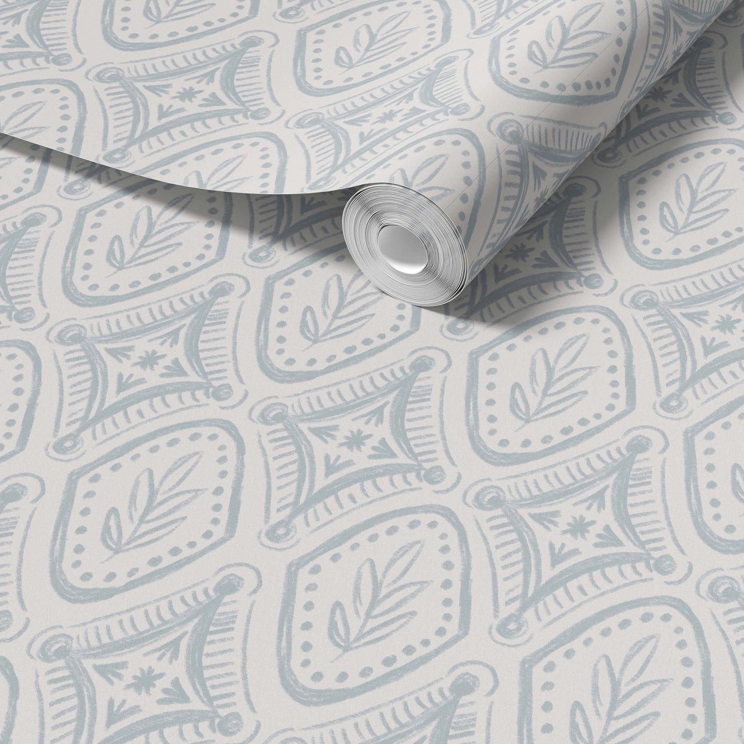 Roll of wallpaper with a subtle pattern on a light gray background