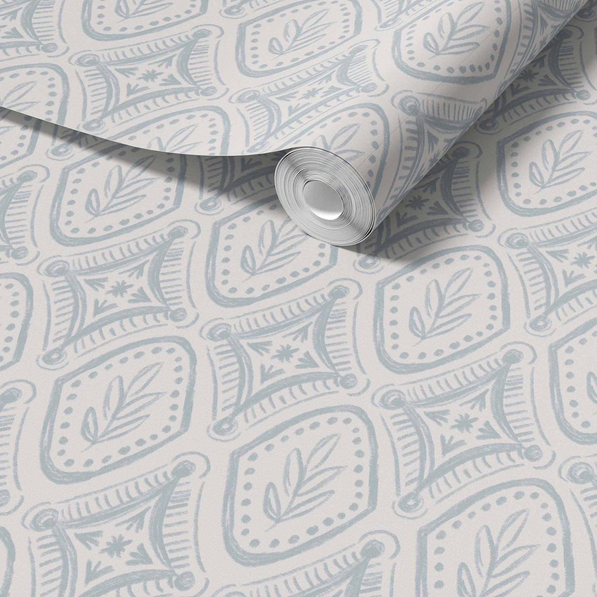 Roll of wallpaper with a subtle pattern on a light gray background
