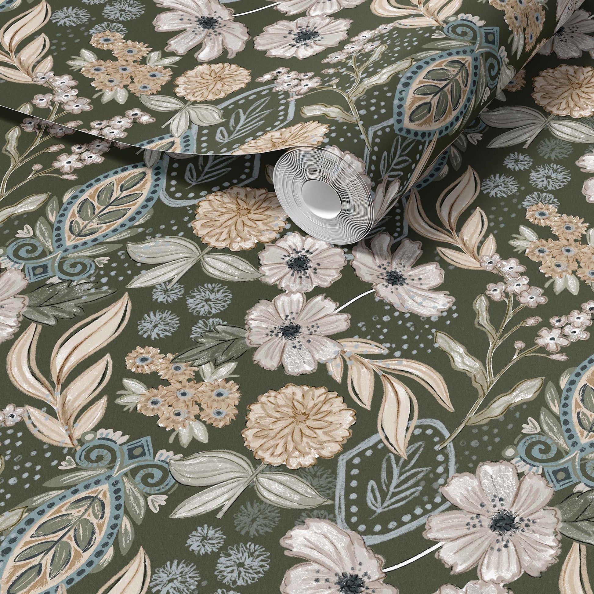 Roll of floral fabric with beige and white flowers on a green background