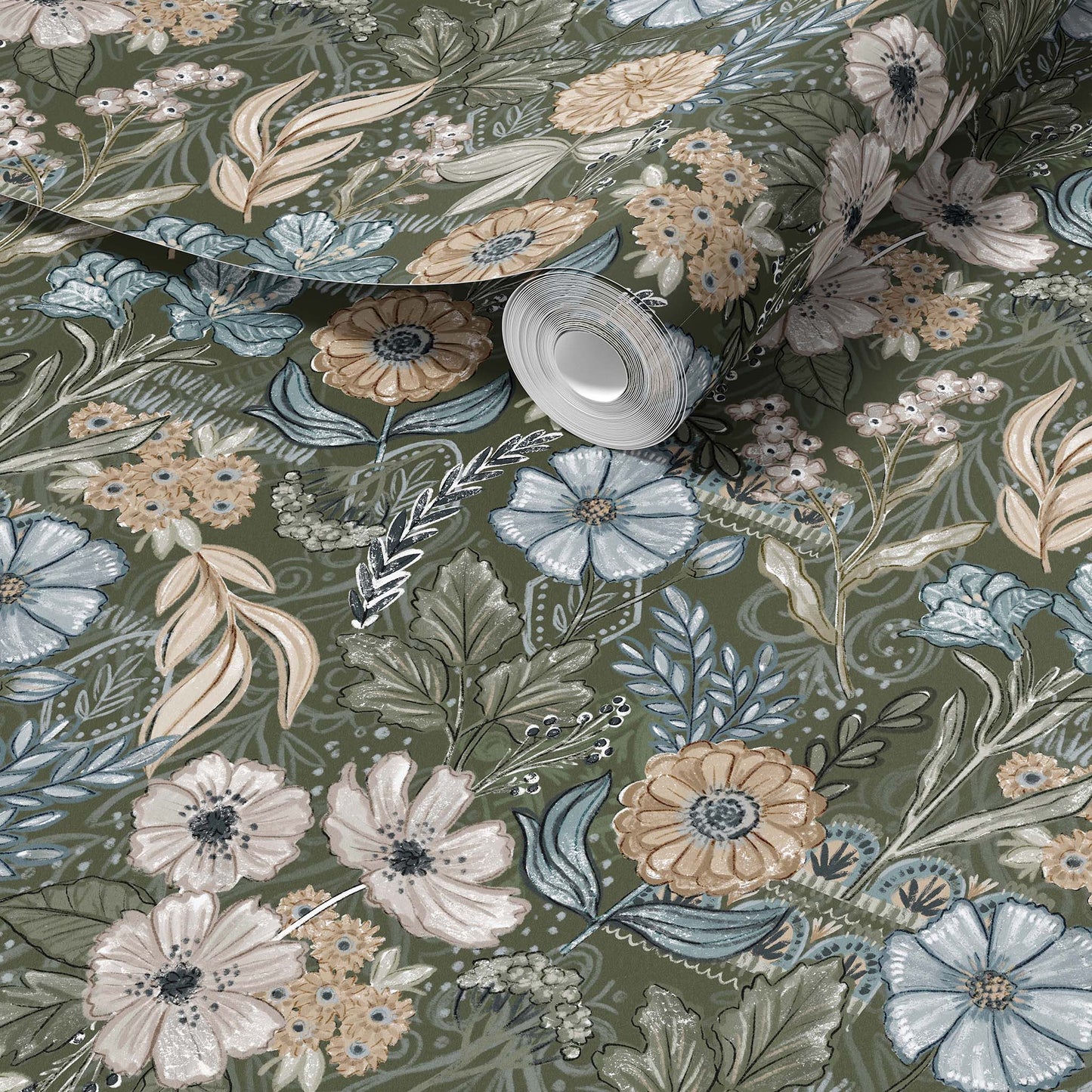 Floral patterned fabric roll with flowers and leaves.