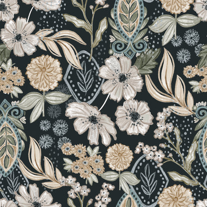 Floral pattern with beige flowers and leaves on a dark background