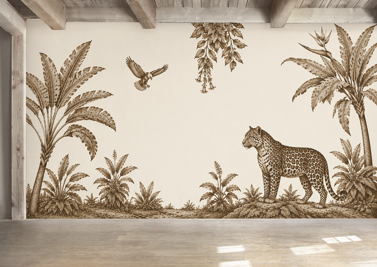A large wall mural featuring a sepia-toned leopard, palm trees, tropical foliage, and a flying bird on an off-white background, shown installed in a room with wood ceiling beams and a wood floor.